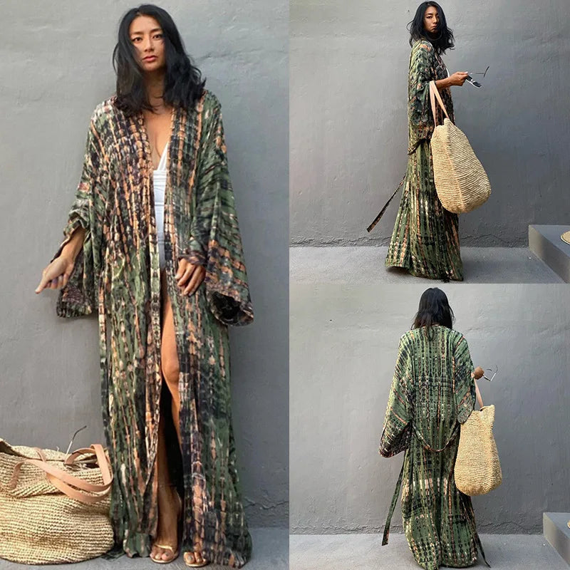 Multi-color tie-dye wrap kimono cardigan with self belt, long length, open front