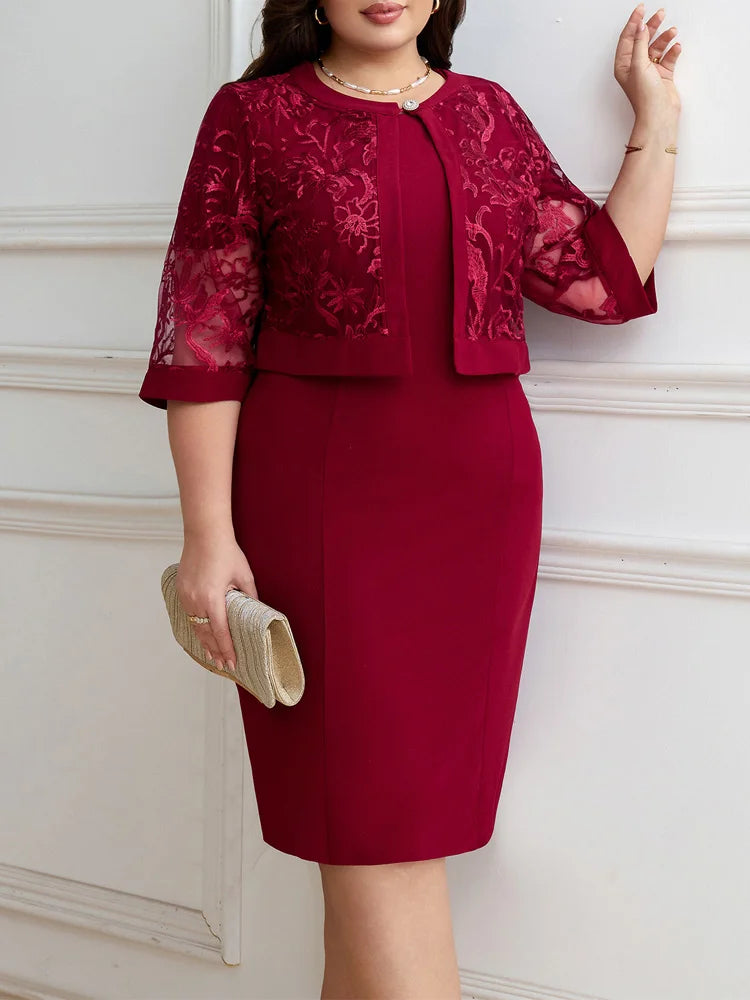 Burgundy plus-size bodycon dress with embroidered sheer lace jacket, elbow sleeves