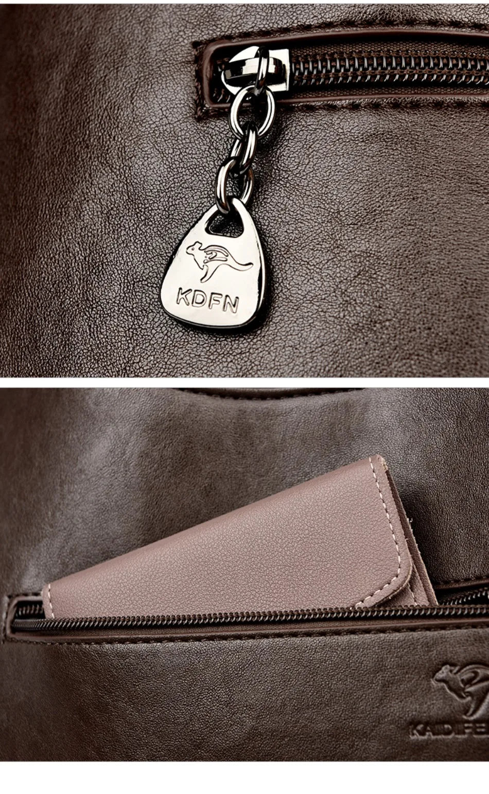 Brown leather shoulder bag zipper pull with metal ring and engraved letter charm
