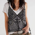 Black beaded sequin crop top with V neckline and decorative front panels