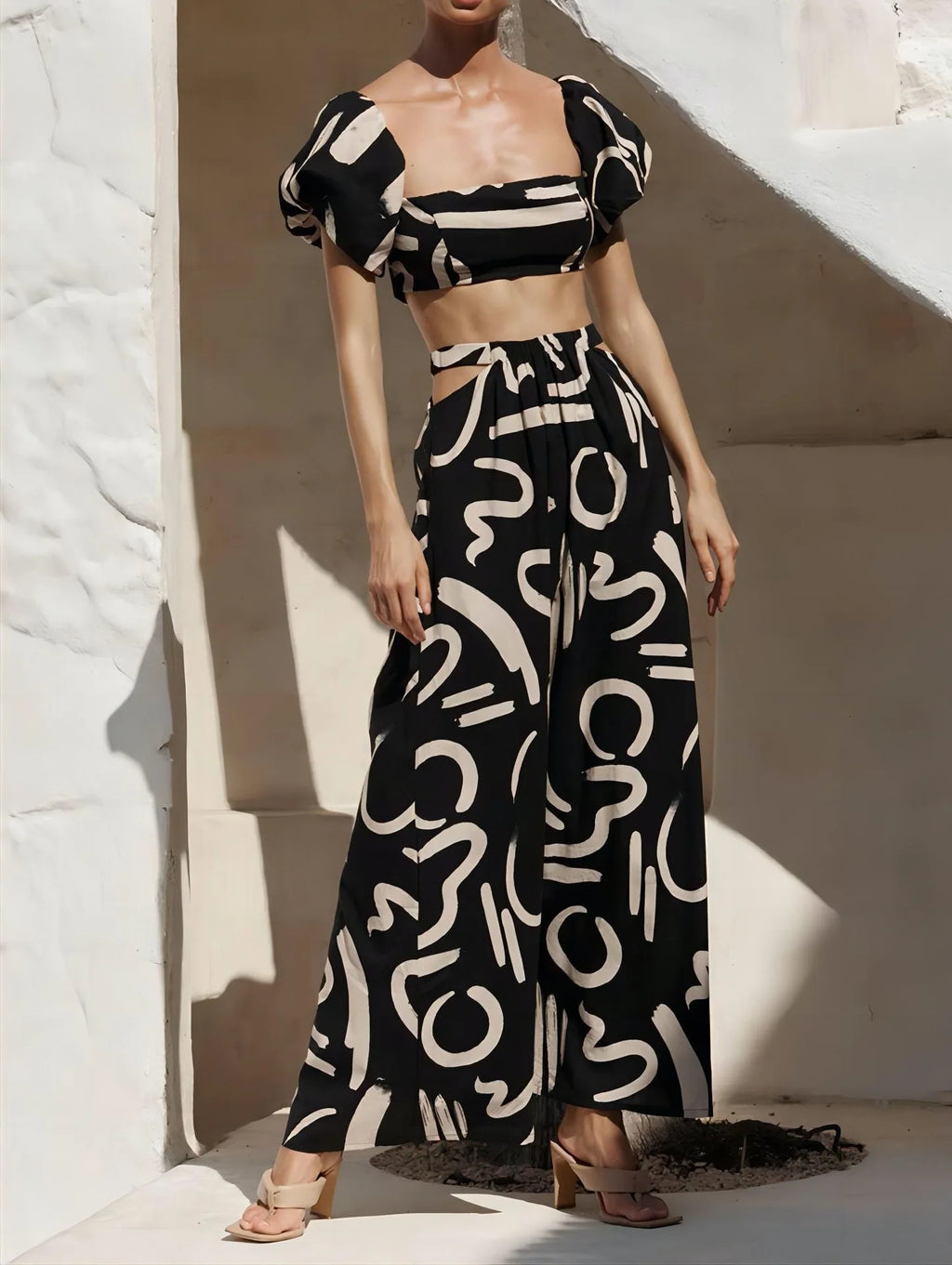 Puff Sleeve Crop Top & Hollow Waist Dress Set