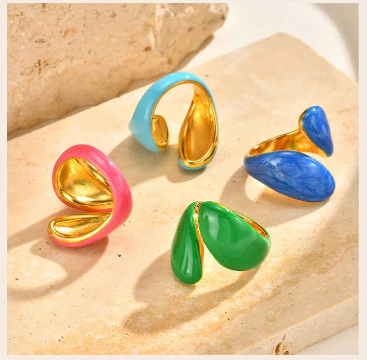 Chunky Enamel Crossover Ring | Bold Geometric Stainless Steel Stackable Ring for Women