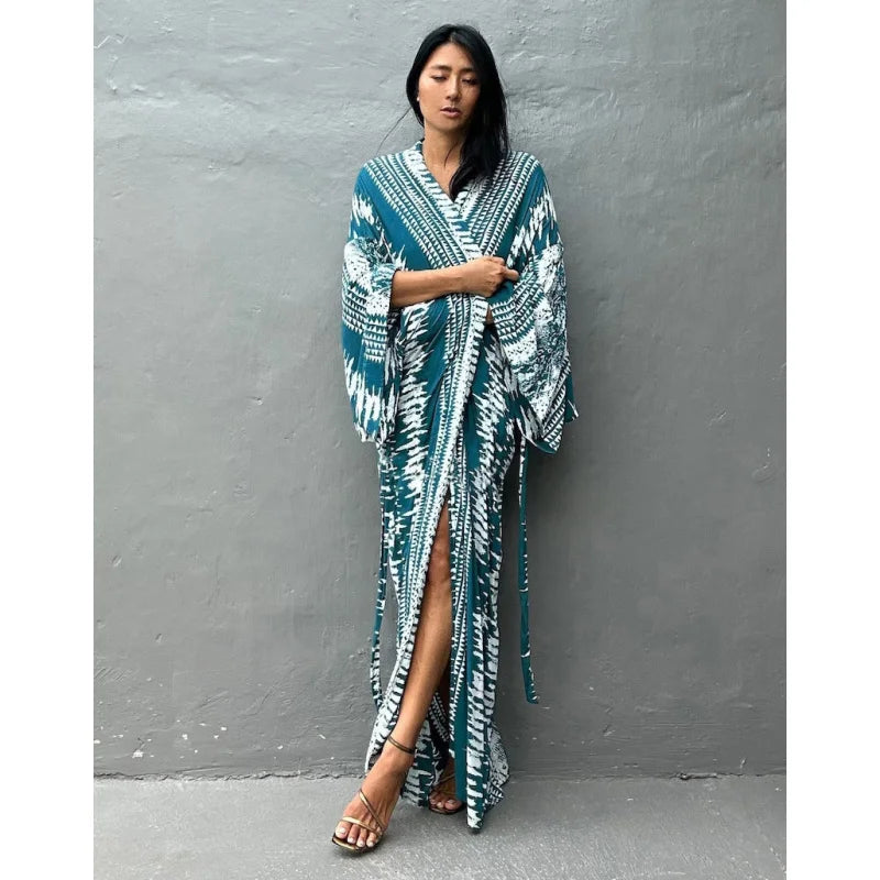 Tie Dye Kimono Wrap Dress | Self-Belted Beach Cover-Up for Women