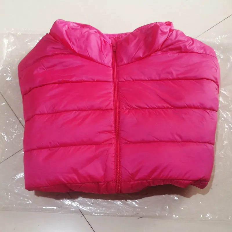 Hot pink puffer jacket with full-zip front and quilted horizontal baffles