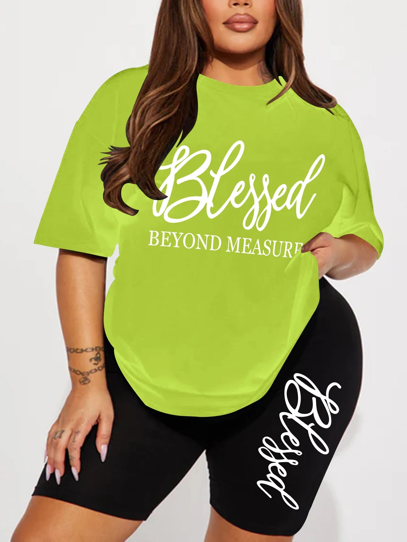 Women's plus size fluorescent green t-shirt & shorts set with 'Blessed' graphic