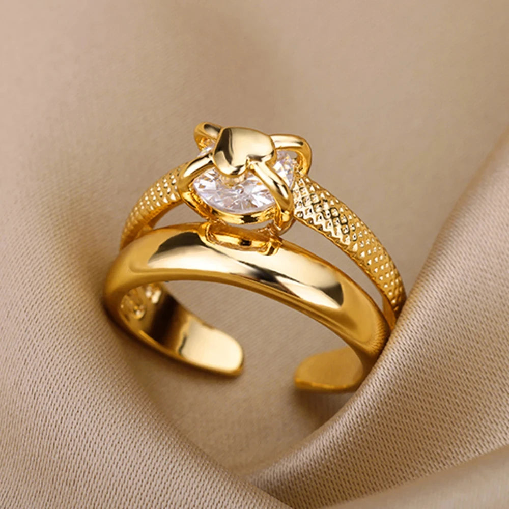 Zircon Geometric Ring Collection | 18K Gold-Plated Adjustable Stainless Steel Rings for Women