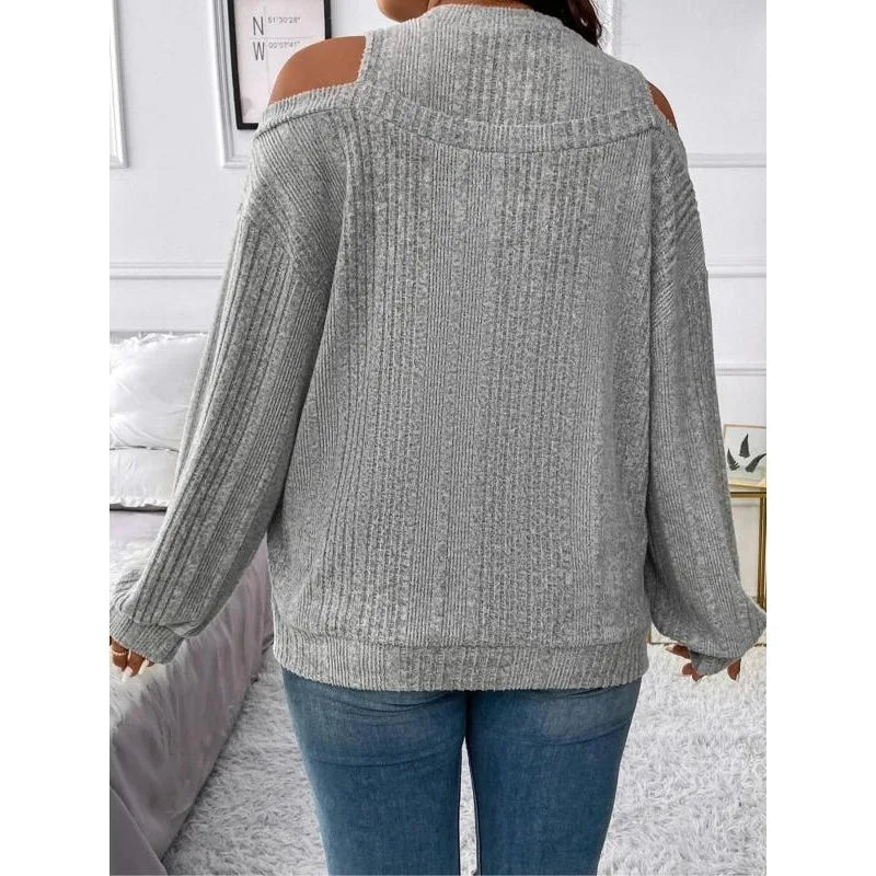 Gray knit pullover sweater with off-shoulder back and ribbed high collar