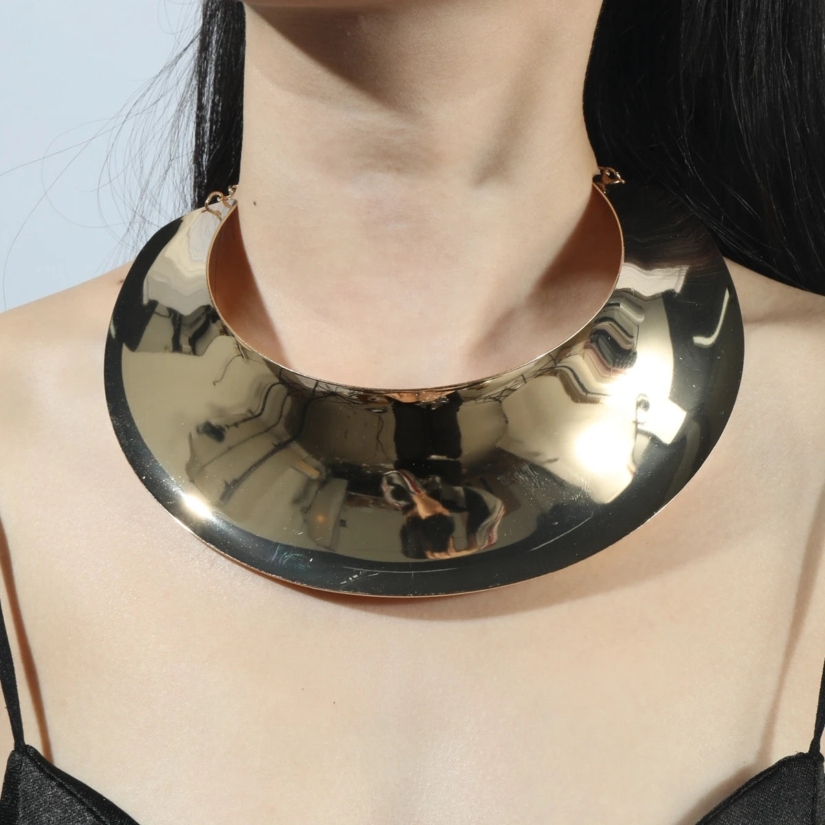 Gold-tone punk collar choker necklace with wide curved metal band