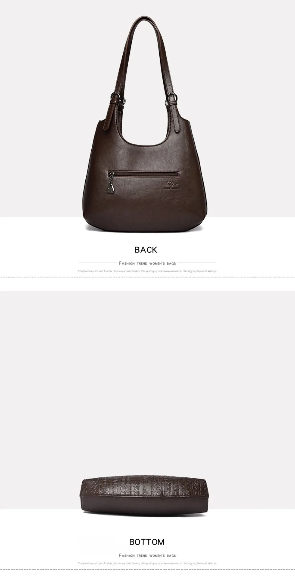 Brown leather shoulder bag back and bottom views