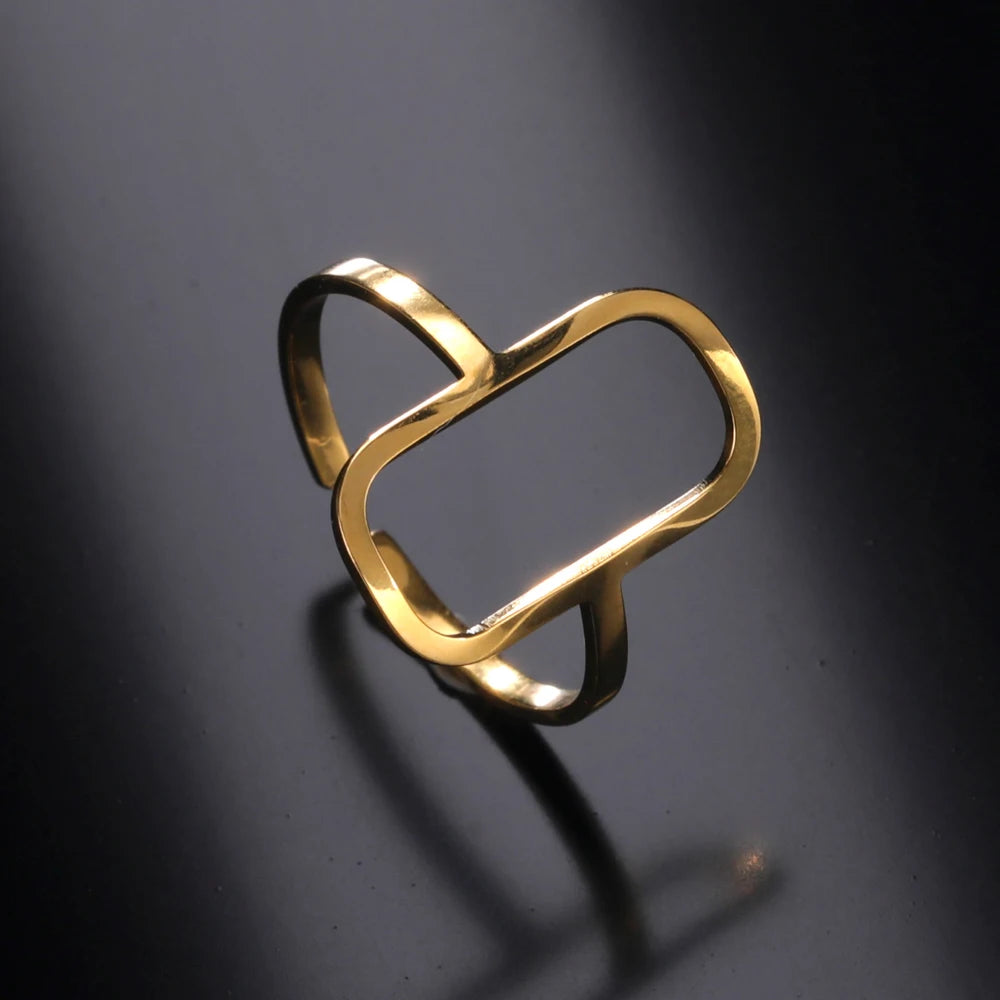 Rectangular Geometric Open Ring | 18K Gold-Plated Adjustable Stainless Steel Ring for Women