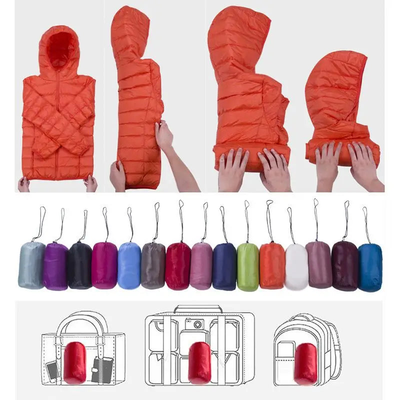 Women’s short puffer jacket, bright red-orange, zip-front with hood