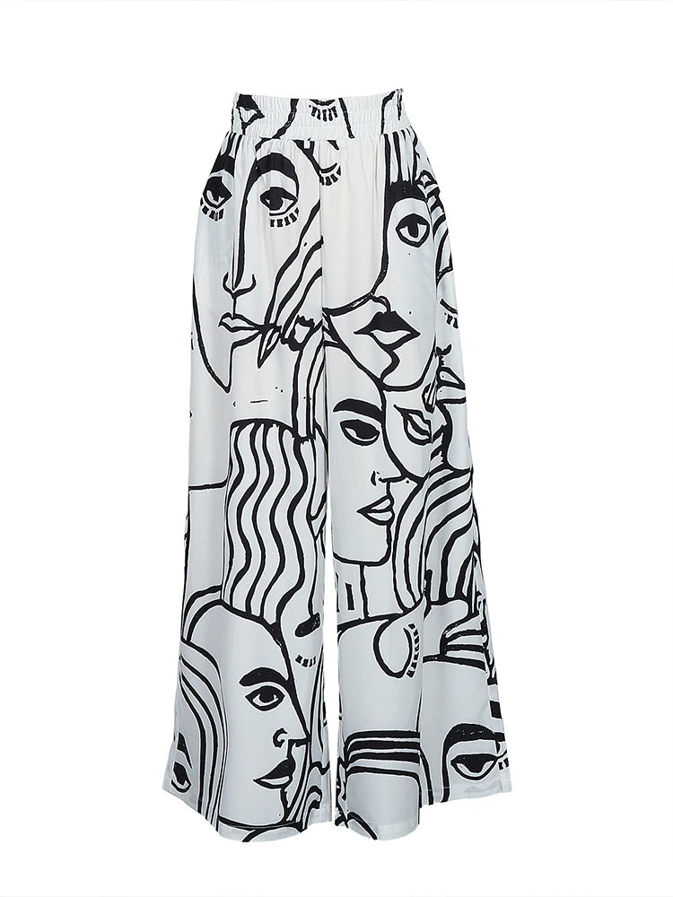 Women’s plus size wide-leg pants, white with black face line abstract print, loose fit