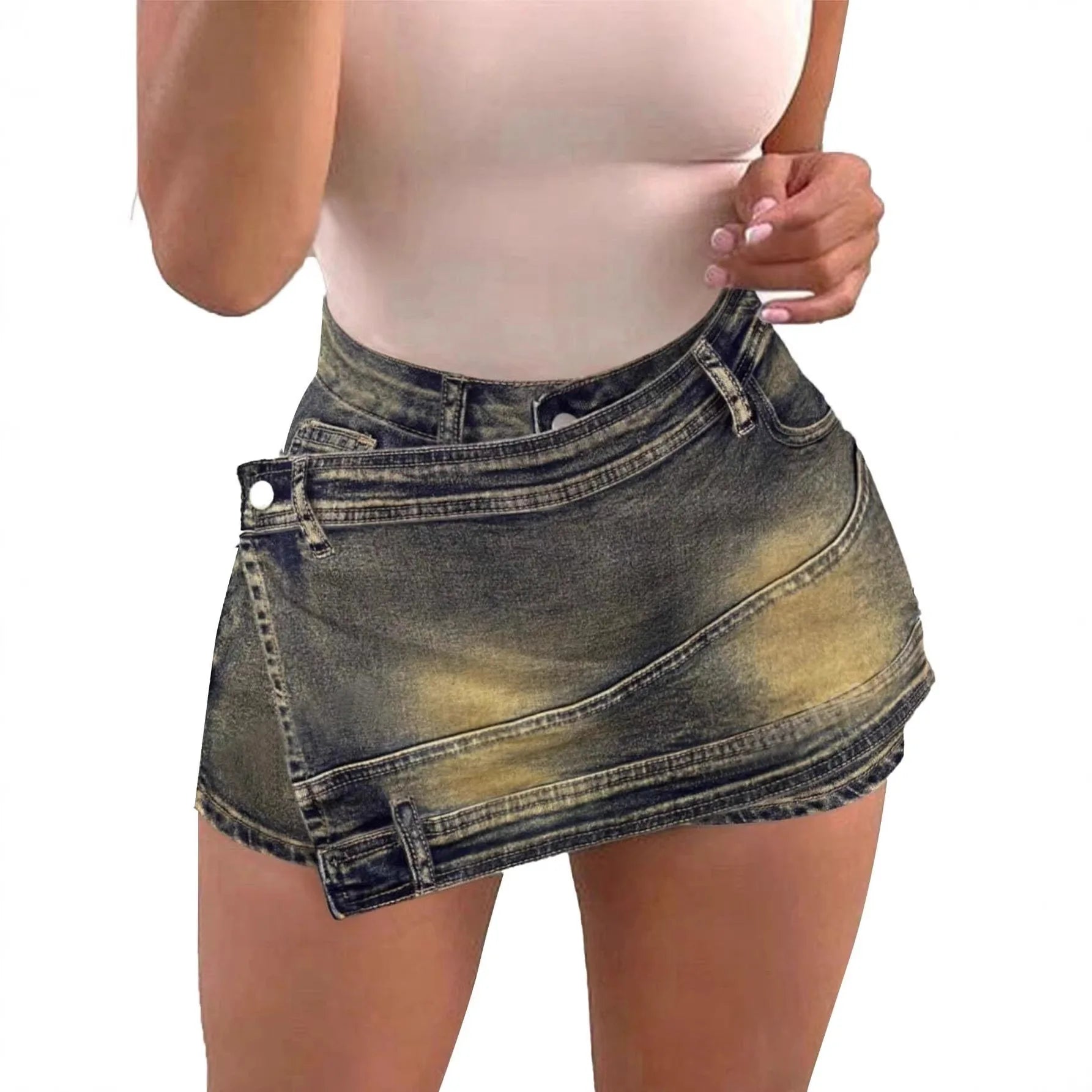 Dark olive/greenish high-waist denim shorts with button closure and distressed wash