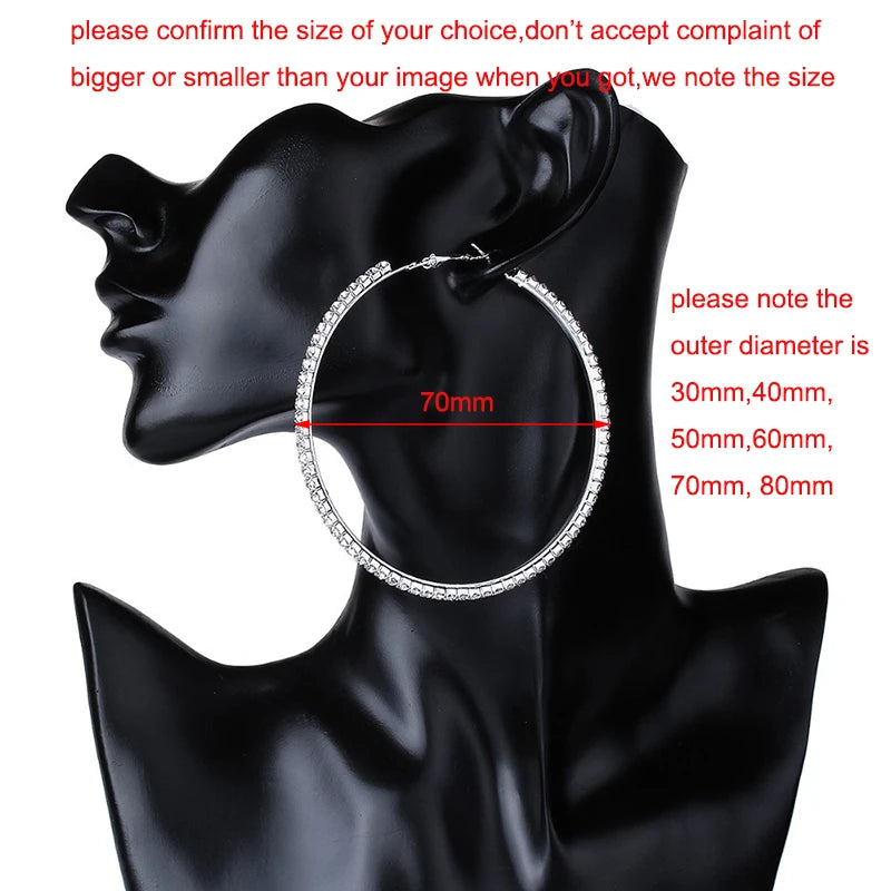 Crystal Rhinestone Big Hoop Earrings | 30–80mm Circle Hoops in Gold, Silver, Black & Rose Gold