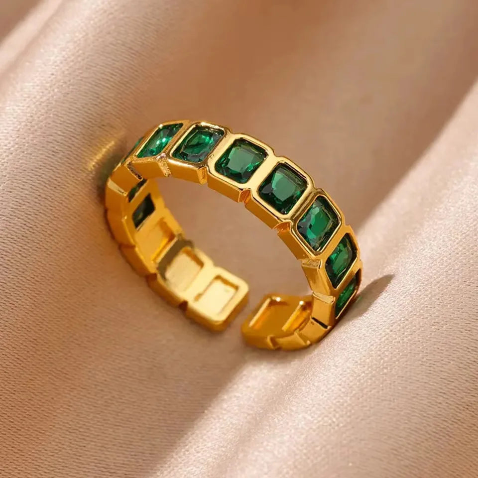 Vintage Geometric Zircon Ring Collection | Gold-Plated Stainless Steel Open Rings for Women