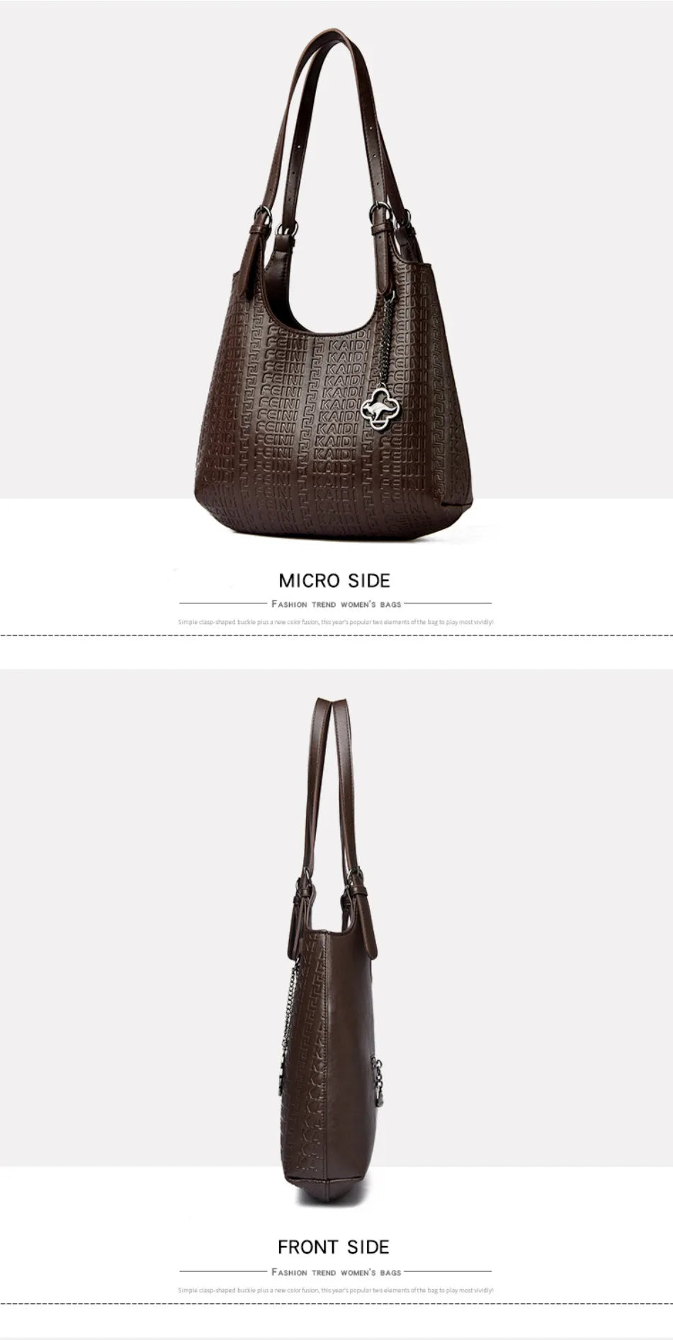 Brown leather shoulder bag with clover charm; front and side views shown