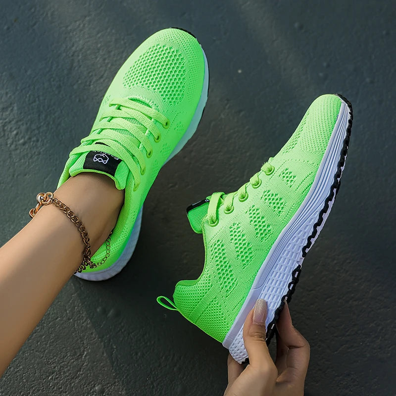 Neon green breathable mesh platform sneakers, lace-up, white rubber sole