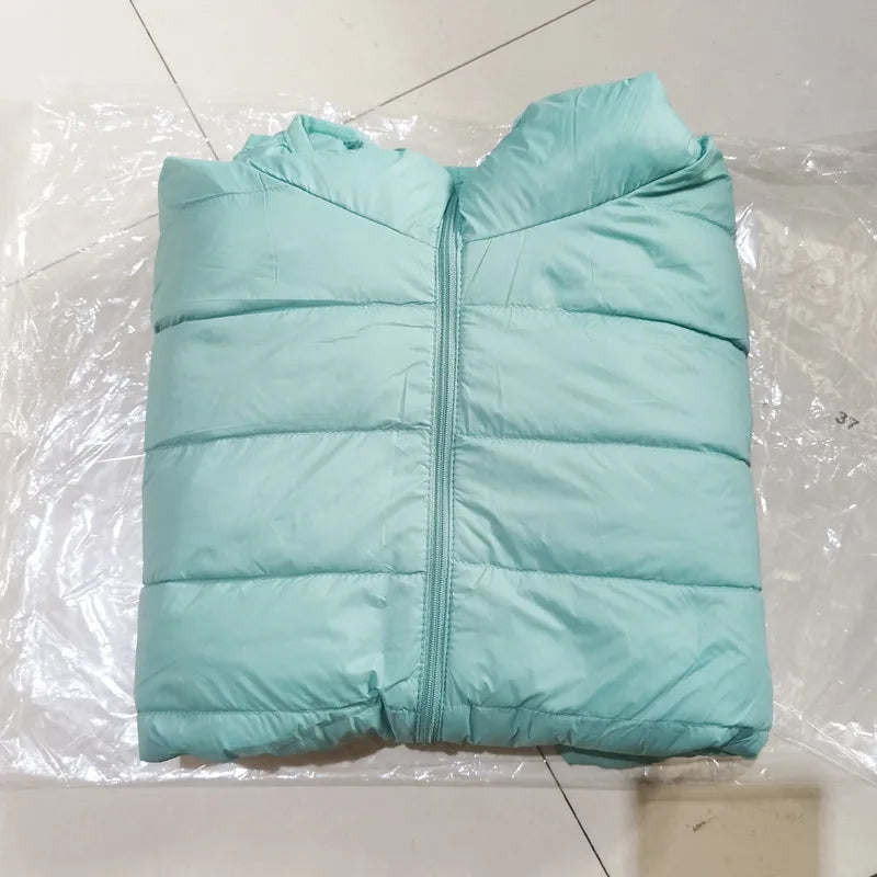 Light turquoise puffer jacket with full-zip front and quilted horizontal baffles