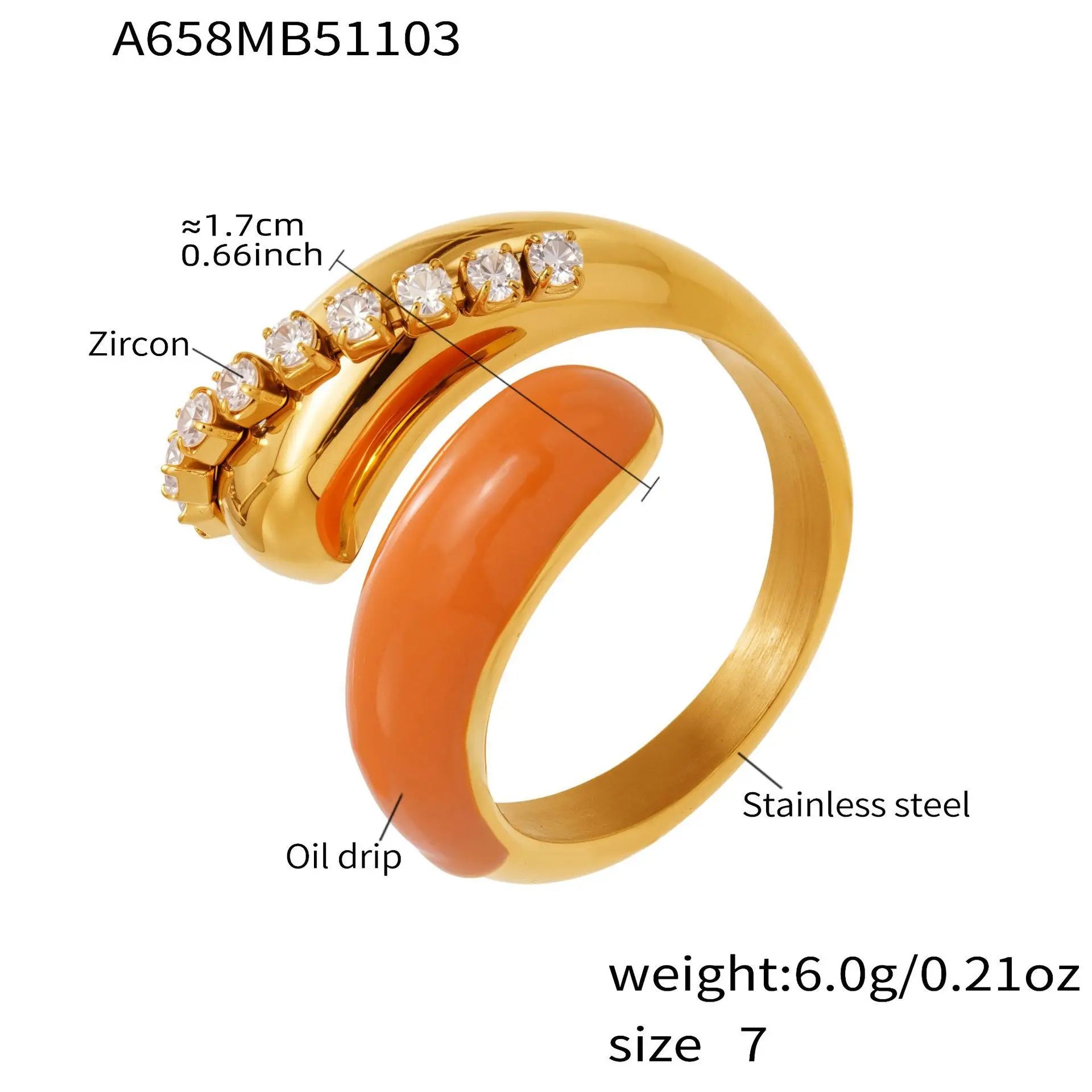 Two-tone open ring, gold-tone band with dark enamel inset and clear zircon stones