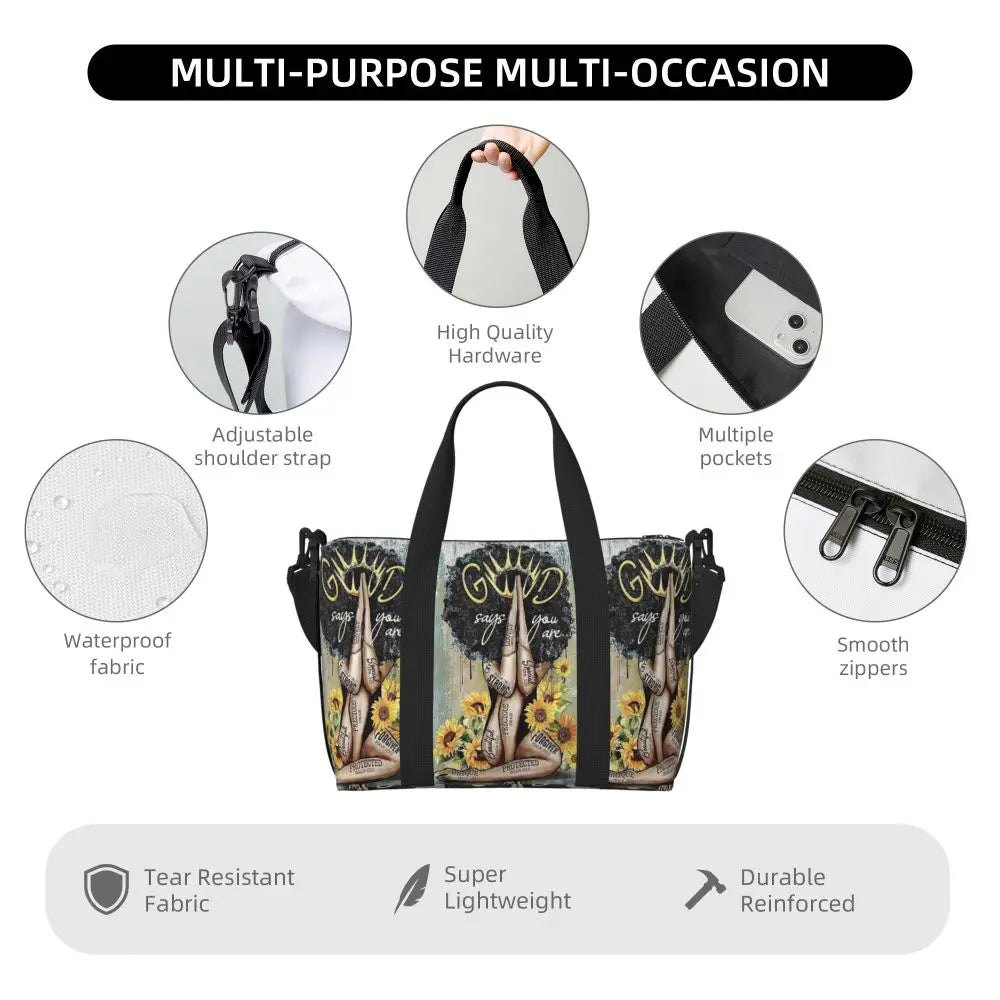 African American Woman Large Capacity Tote Bag | Beach, Gym & Travel Duffle