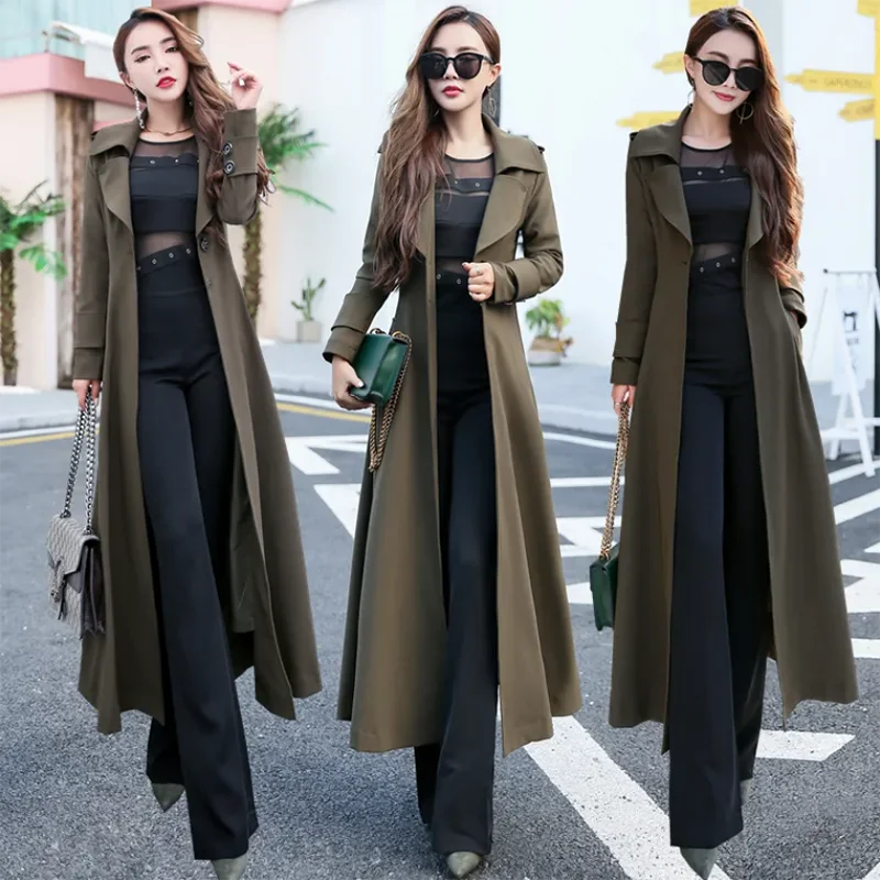 Women’s slim long trench coat in olive green, single-breasted with wide lapels and belt