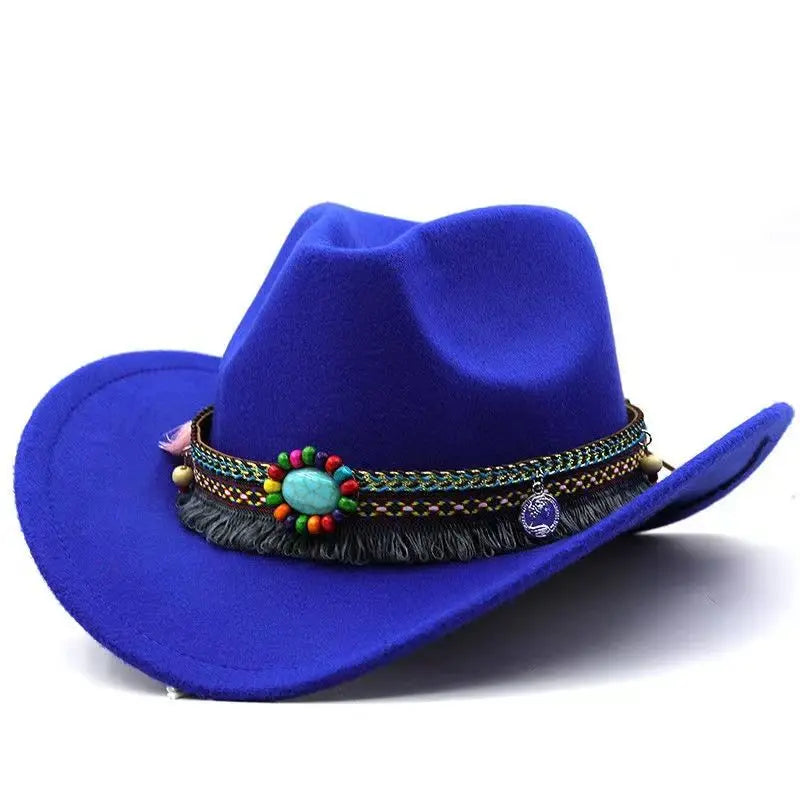 Wool Tassel Belt Western Fedora Hat