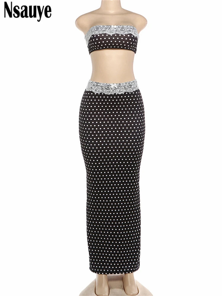 Black polka dot bandeau crop top and long maxi skirt set on mannequin