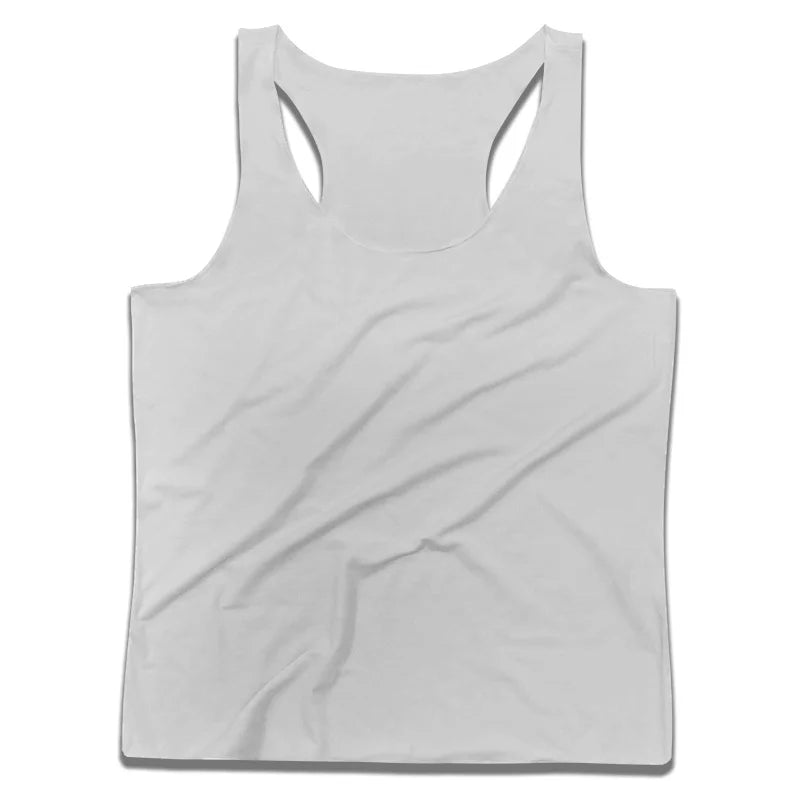 White racerback tank top, wide scoop neck and sleeveless armholes
