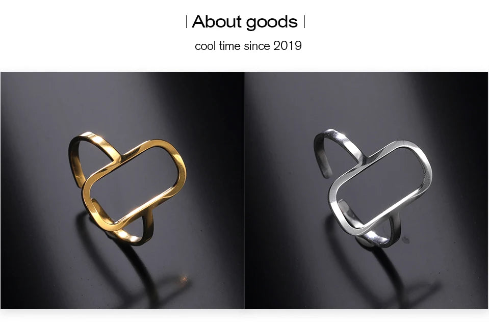 Rectangular Geometric Open Ring | 18K Gold-Plated Adjustable Stainless Steel Ring for Women