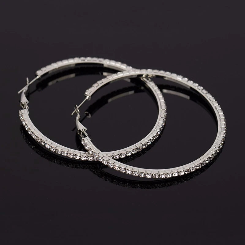 Crystal Rhinestone Big Hoop Earrings | 30–80mm Circle Hoops in Gold, Silver, Black & Rose Gold