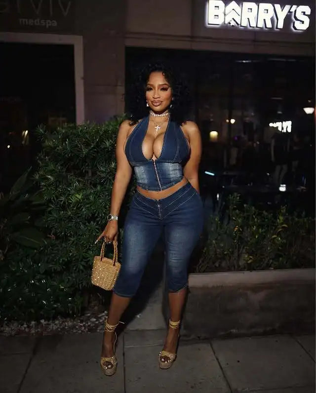 Y2K Denim Halter Crop Top & Jeans 2-Piece Set | Backless Streetwear for Women