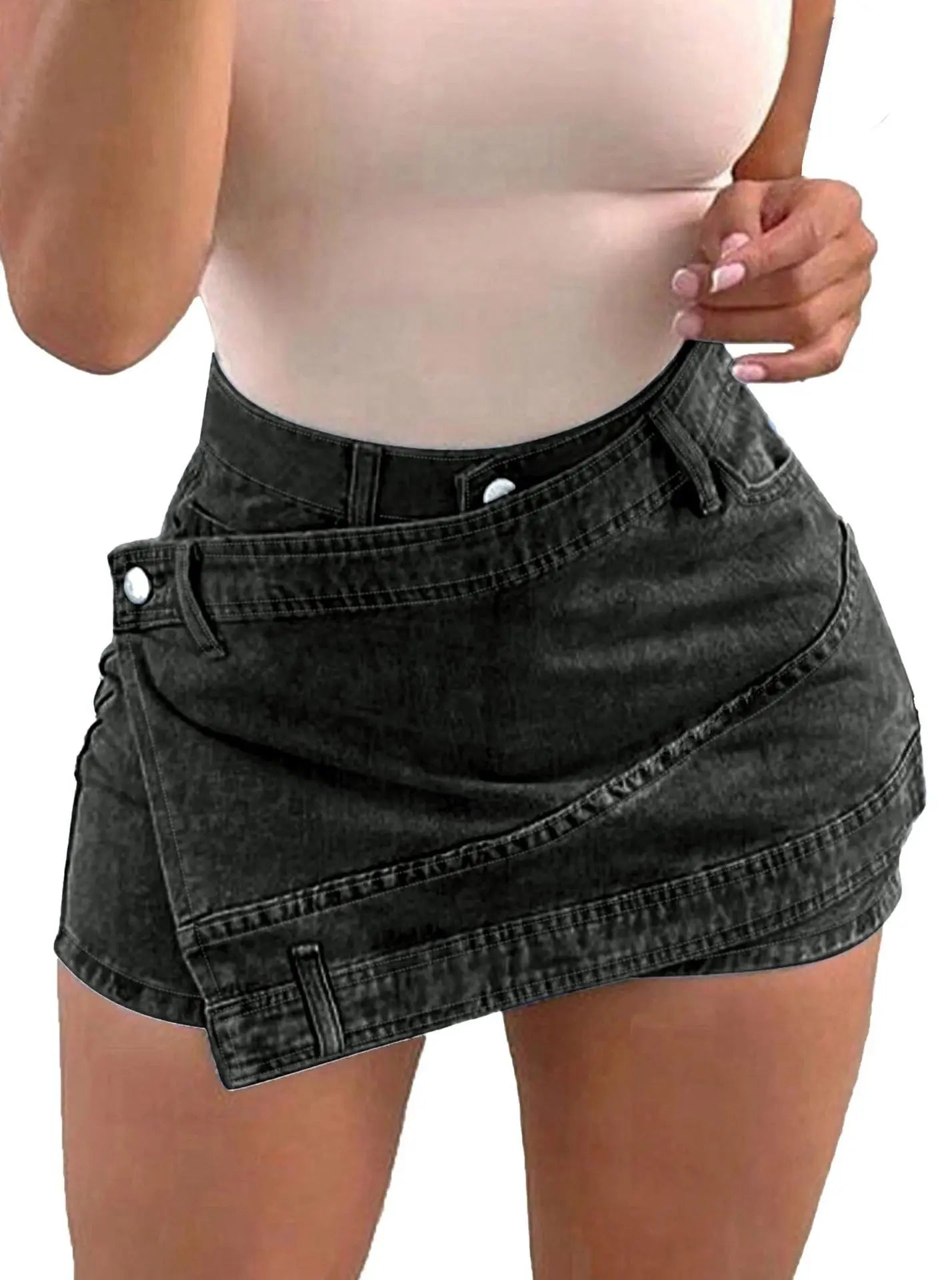 High-waist black denim shorts with button front and double-stitched seams