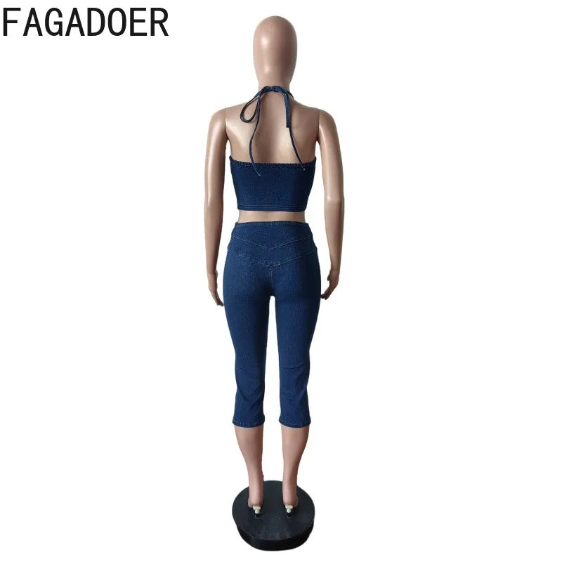 Y2K Denim Halter Crop Top & Jeans 2-Piece Set | Backless Streetwear for Women