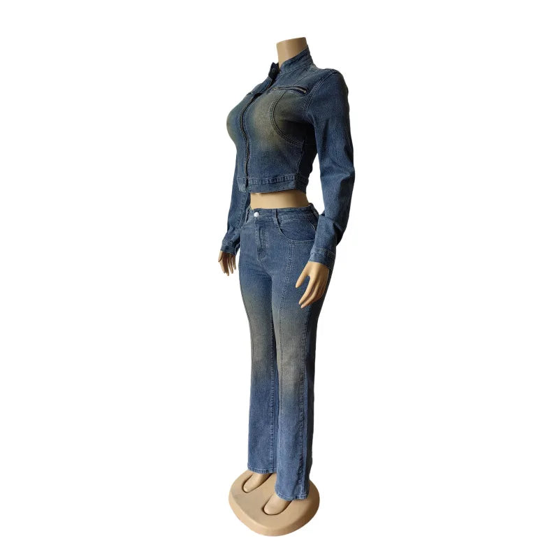Denim Jacket & Trousers 2-Piece Set | Sexy Club Streetwear for Women