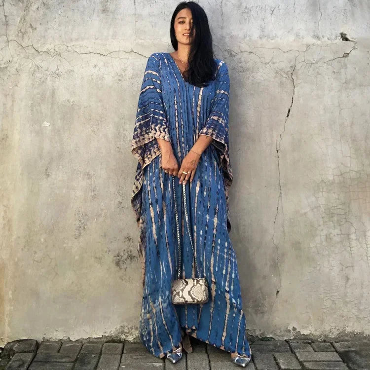 Women's beach kaftan tunic dress in blue with vertical stripe tie-dye, loose kaftan sleeves