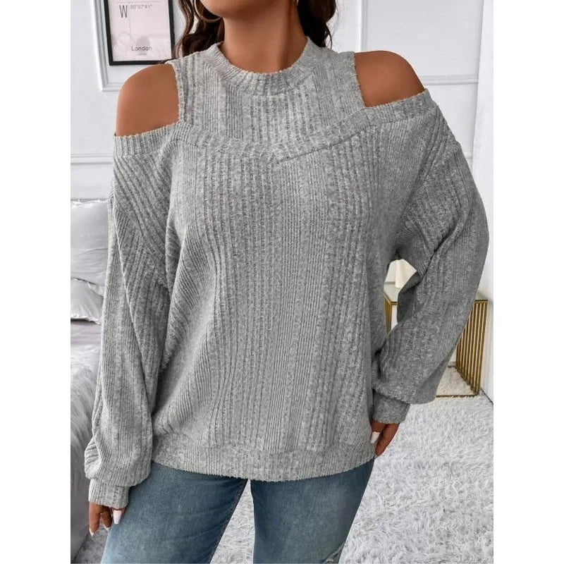 Gray off-shoulder knit pullover sweater with ribbed high collar and long sleeves