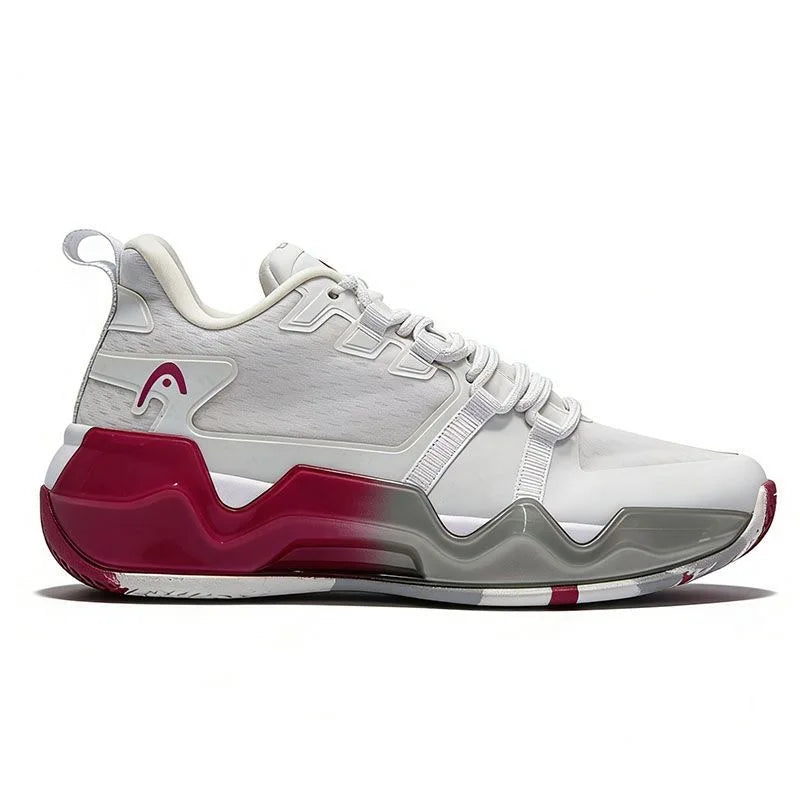 Light gray mid-top court sneaker with burgundy heel and gray sole
