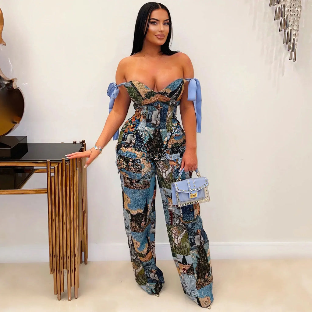 Oil Painting Print Lace-Up Crop Top & Wide-Leg Pants Set