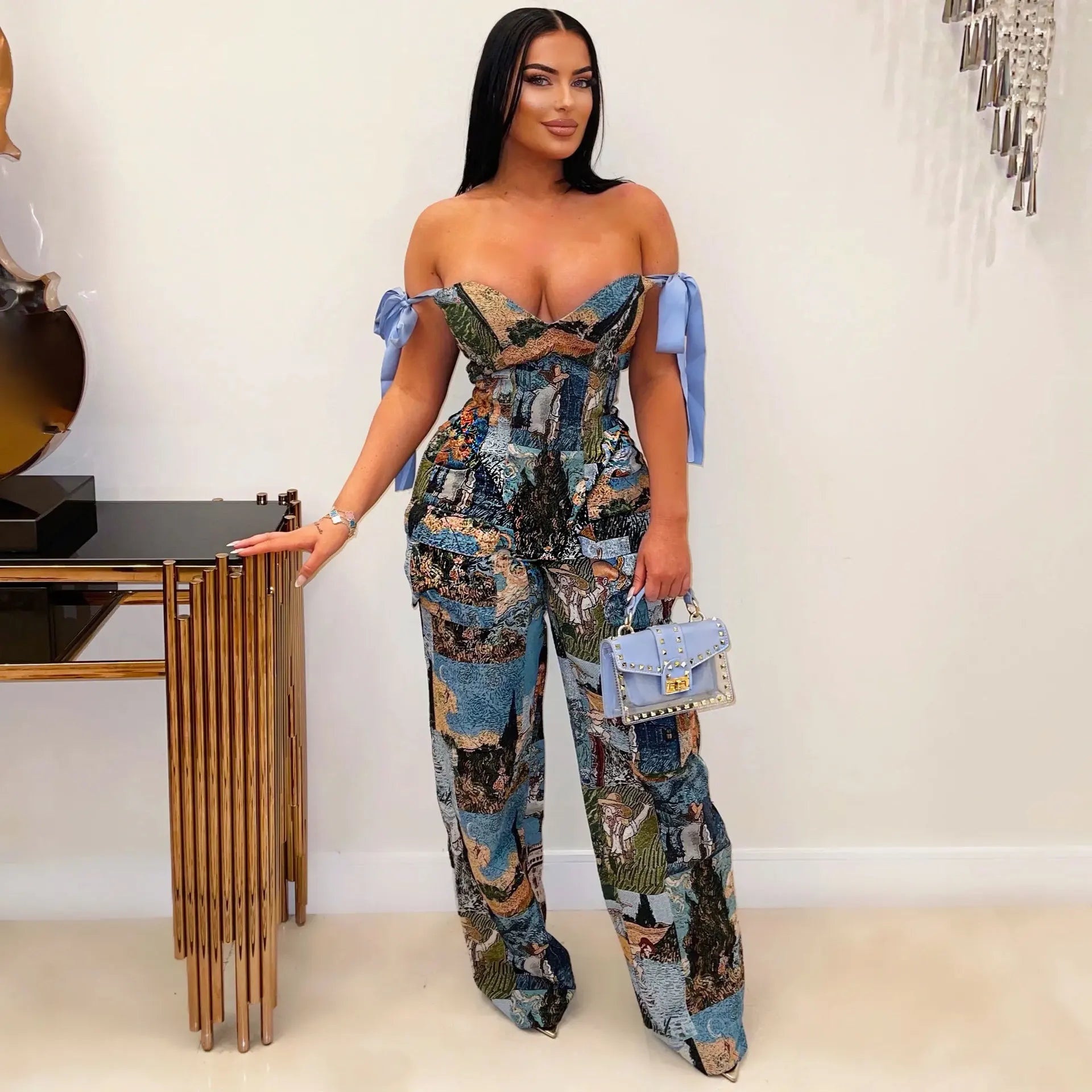 Oil Painting Print Lace-Up Crop Top & Wide-Leg Pants Set