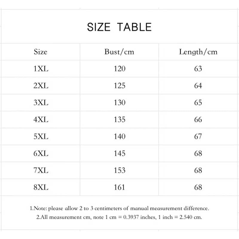 Size chart table with bust and length measurements for different plus sizes.