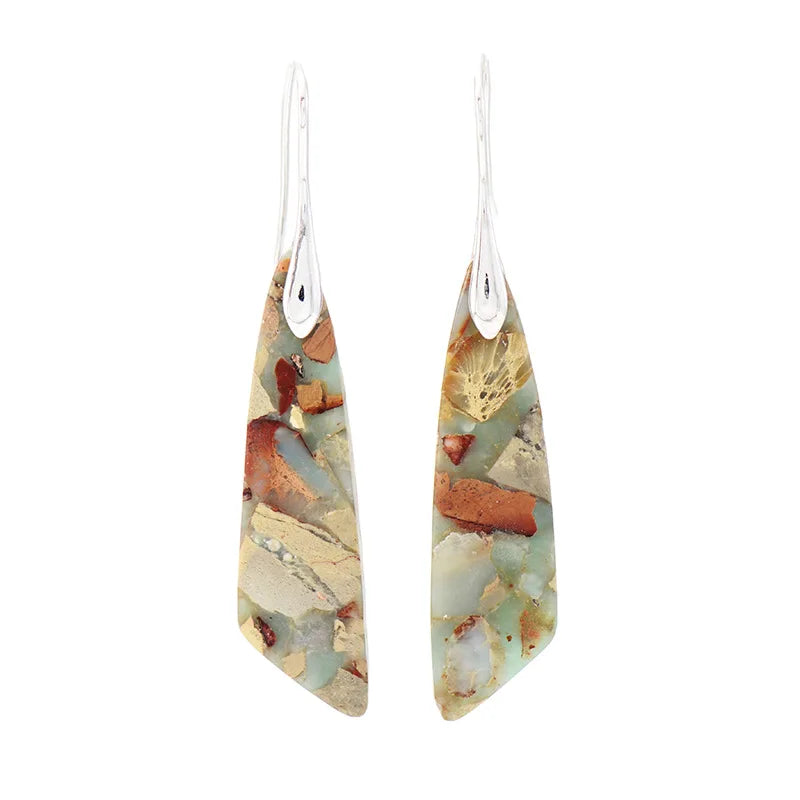 Boho natural stone drop earrings with cream, blue, and rust mosaic panels