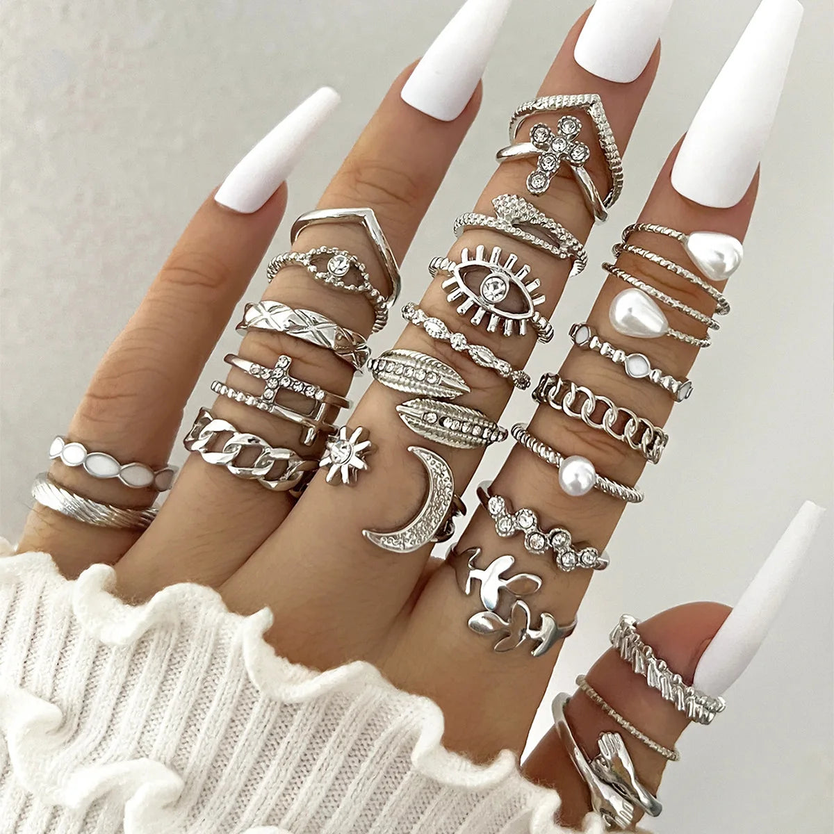 Crystal Wave & Heart Ring Set | Bohemian Stackable Rings for Women