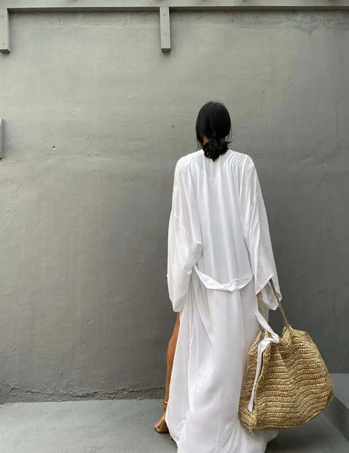 White open-front kimono cardigan, long flowy back view with wide sleeves