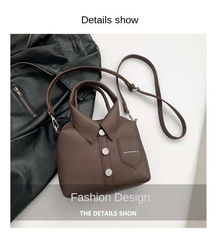 Brown square PU leather crossbody bag with shoulder strap, front pocket, and snap button row