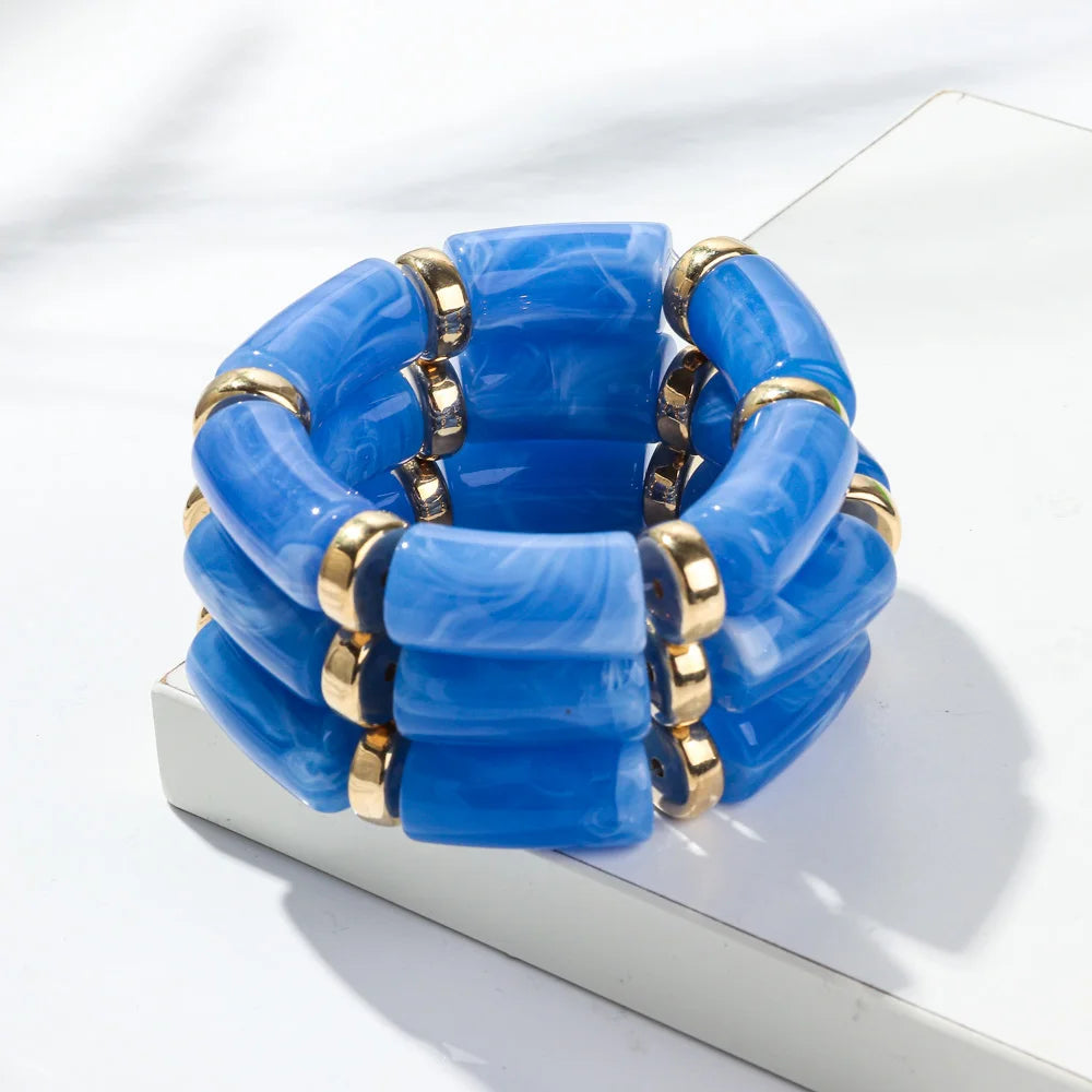 Light blue bamboo tube bead bracelet set with gold-tone rings, chunky stretch 3-pack
