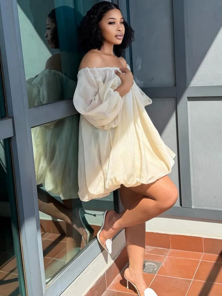 Cream off-shoulder puff-sleeve mini dress, loose flared silhouette