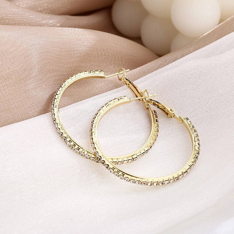 Crystal Rhinestone Big Hoop Earrings | 30–80mm Circle Hoops in Gold, Silver, Black & Rose Gold