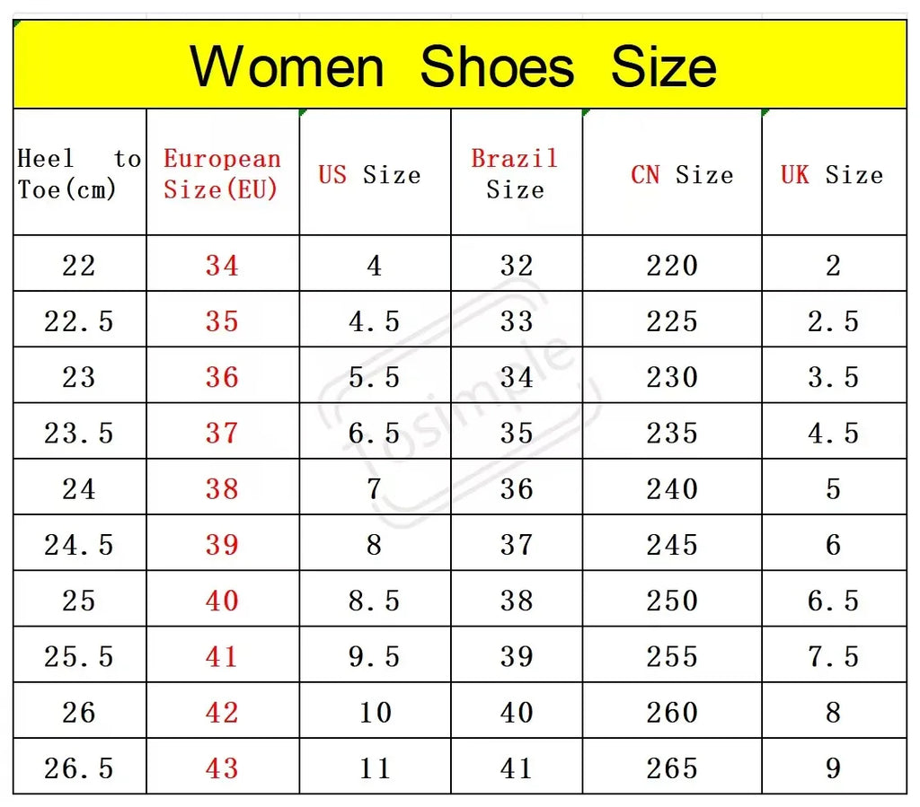Women shoes size chart with EU, US, Brazil, CN, and UK size columns