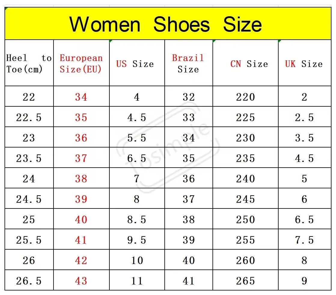 Women shoes size chart with EU, US, Brazil, CN, and UK size columns