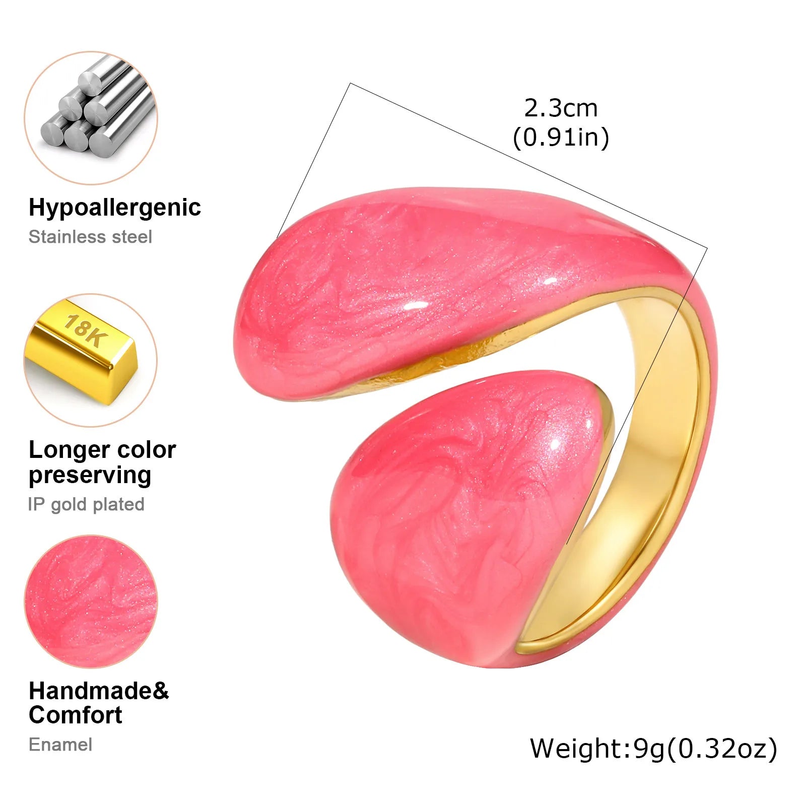 Chunky enamel crossover ring with glossy light pink outer enamel and gold-tone inner band.
